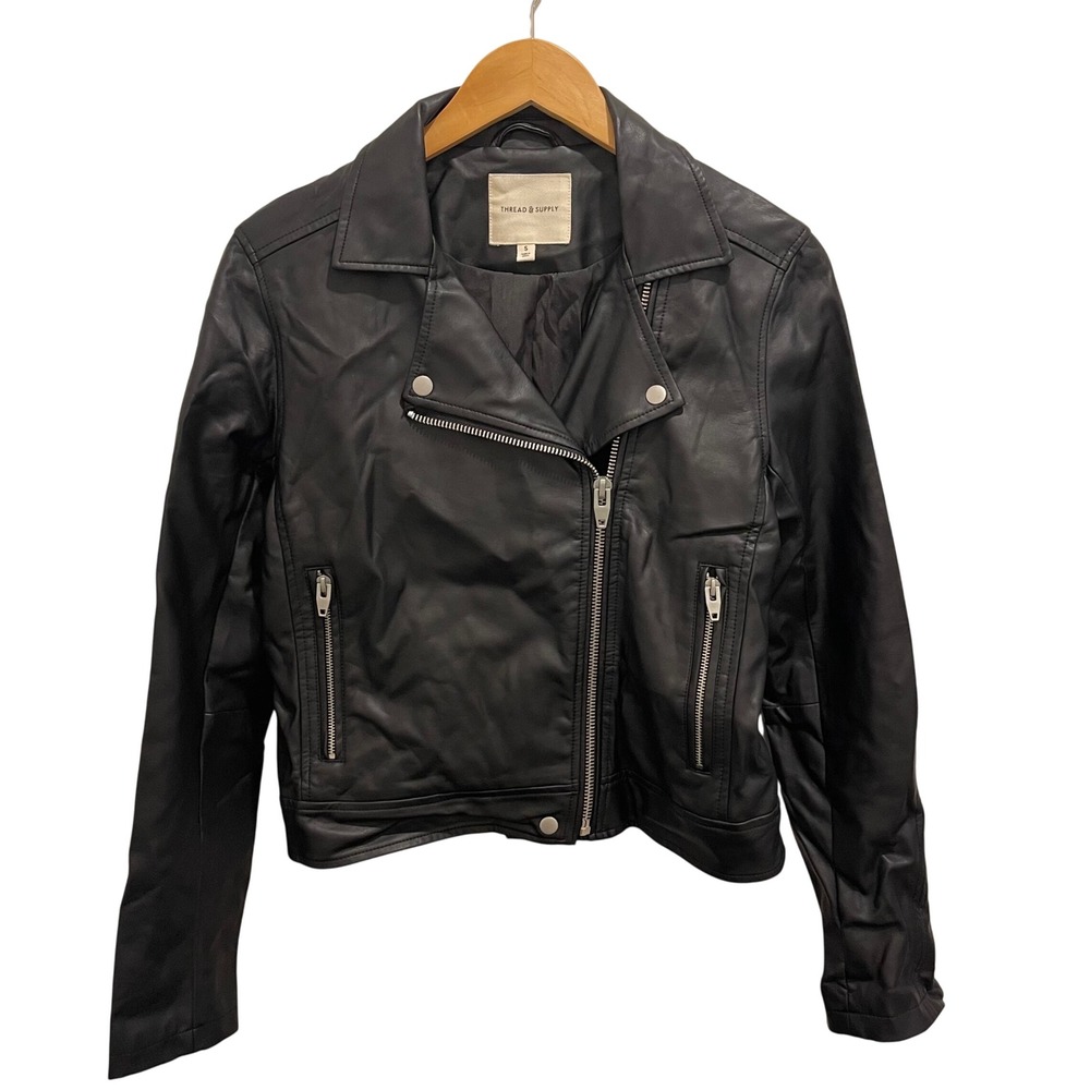 Thread & Supply Womens‎ Black Faux Leather Moto Motorcycle Biker Jacket Small S